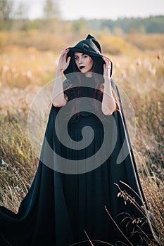 A girl in a black dress, a cloak with a hood stands in a high dry grass in the field against the background of the forest. Witch C