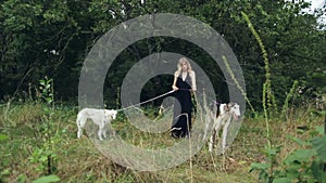 Girl in black dress with two Russian greyhounds