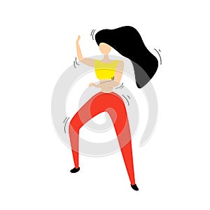 Girl with black hair dances in a yellow T-shirt and red pants Zumba dance. hands up