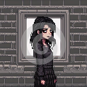 Girl with black hair and dark makeup, black dress, dark and gloomy atmosphere, pixelart