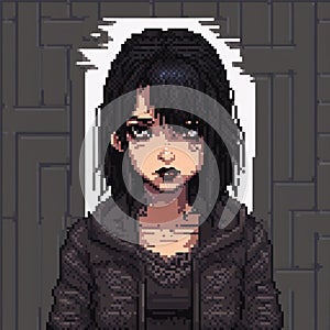 Girl with black hair and dark makeup, black dress, dark and gloomy atmosphere, pixelart