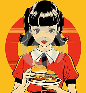 Girl with black hair holds fast food