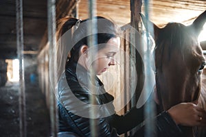 A girl in a black jacket stroking a brown horse. Horse in the stable