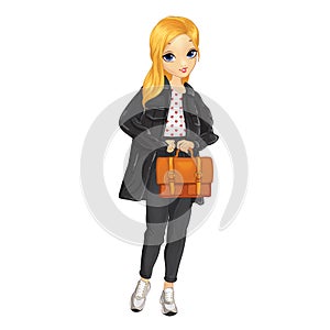 Girl in black outfit holds orange briefcase