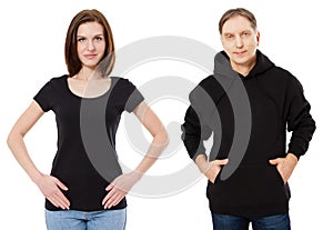 Girl in black tshirt mockup, man in black hoodie mocku up isolation on white background