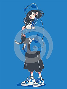 A girl and a black white cat. Blue background. Cartoon charactor.