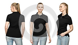 girl in blank black polo shirt mockup design for print and template woman in T-shirt front half turn side back view isolated