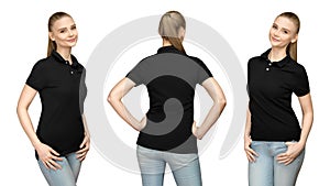 girl in blank black polo shirt mockup design for print and template woman in T-shirt front half turn side back view isolated