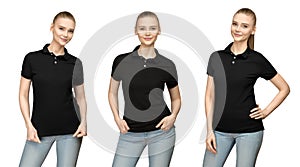 Girl in blank black polo shirt mockup design for print and template young woman in T-shirt front and half turn side view isolated