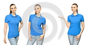 Girl in blank blue polo shirt mockup design for print and concept template young woman in T-shirt front and half turn side view