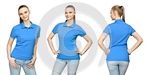 Girl in blank blue polo shirt mockup design for print and concept template young woman in T-shirt front and side back view