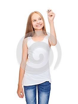 Girl in blank white shirt drawing something