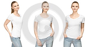 Girl in blank white tshirt mockup design for print and concept template young woman in T-shirt front and half turn side view