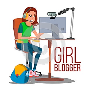 Girl Blogger Vector. Popular Video Vlog, Let s Play, Review Channel. Online Streaming Video. Girl Blogs Creator. Flat