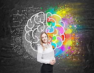 Girl with blond hair near blackboard with brain icon