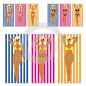 Girl blonde in bikini on towel set illustration