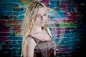 girl blonde dreadlocks steampunk model