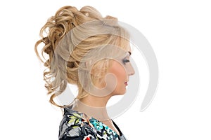 Girl blonde hairstyle model shows in profile