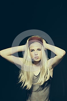 Girl in blonde wig, hairdresser.