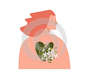 A girl with a blooming heart, a symbol of happiness, self-love, pleasure in life. Flat vector illustration isolated on