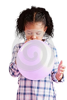 Girl, blowing balloon and isolated pink party decorations and birthday celebration on transparent png background
