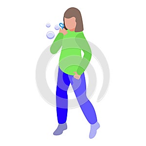 Girl blowing bubbles icon isometric vector. Bubble soap