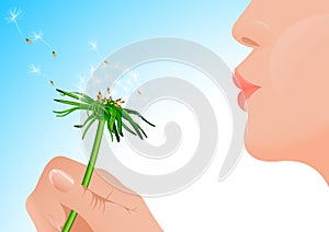 Girl blowing on dandelion