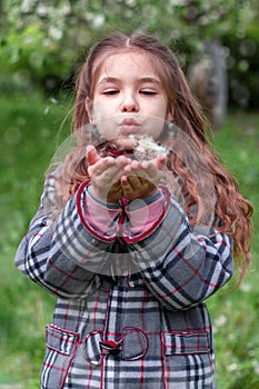 Girl blowing on a dandelion in a spring park. Happy child has fun outdoors.