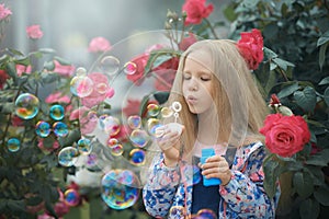 Girl blowing rainbow color soap bubbles in the bush of roses