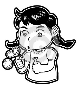 Girl Blowing Soap Bubbles Black And White Illustration