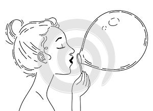 Girl blowing soap bubbles, Hand drawn illustration. Profile portrait of young beautiful woman with closed eyes. Line