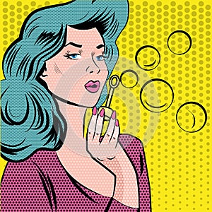 Girl blowing soap bubbles. Pop art comic style vector illustration.