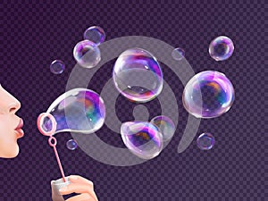 Girl blowing soap bubbles. Woman blow realistic flying bubble blower wand with spectrum rainbow reflection, child game