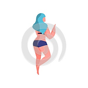 Girl in blue bikini lying on her stomach sunbathing, beautiful young woman relaxing at the beach vector Illustration on