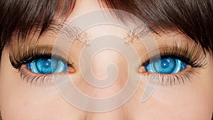 A girl with blue cyber eyes looks into the camera close-up. Macro shot of blue cyber eyes. The girl is made using