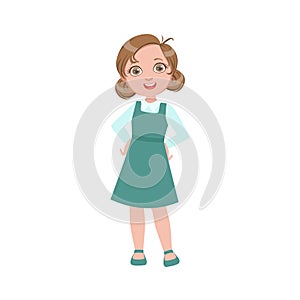 Girl In Blue Dress Happy Schoolkid In School Uniform Standing And Smiling Cartoon Character