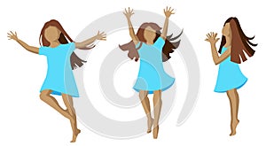 Joyful and happy girl in a blue dress bounces photo