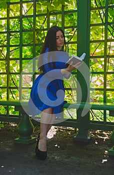 Girl in blue dress reading a book in the gazebo