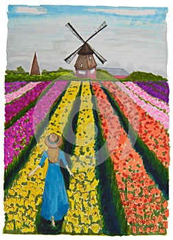 A girl in a blue dress and a straw hat walks through a field planted with multi-colored tulip