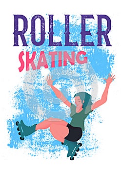 The girl with blue hair on roller skates on blue grunge background. Vector illustration.