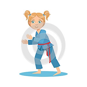 Girl In Blue Kimono Fighting In Sparring On Karate Martial Art Sports Training Cute Smiling Cartoon Character
