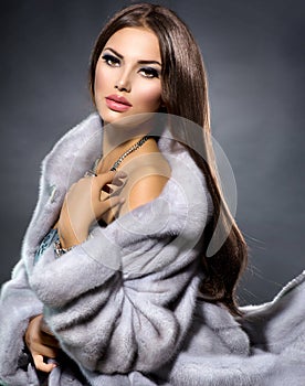 Girl in Blue Mink Fur Coat