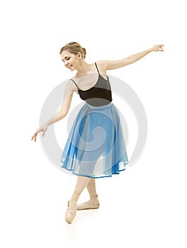 Girl in a blue skirt and a black leotard dance ballet