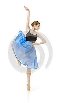 Girl in a blue skirt and a black leotard dance ballet