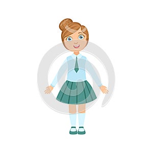 Girl In Blue Skirt And Tie Happy Schoolkid In School Uniform Standing And Smiling Cartoon Character photo
