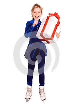 Girl in blue sport dress on skates with gift box.