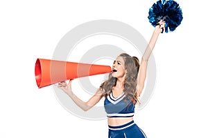 Girl in blue uniform with pompom using orange loudspeaker isolated on white