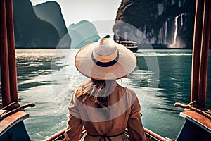 girl on a boat on the river in thailand. Generative AI