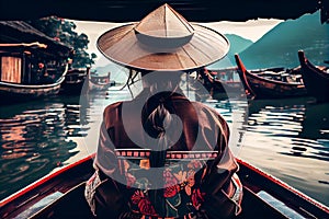 girl on a boat on the river in thailand. Generative AI