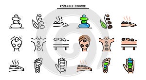 Girl body with hot stones line icon, spa salon procedure concept. Editable stroke. Stone treatment sign on white